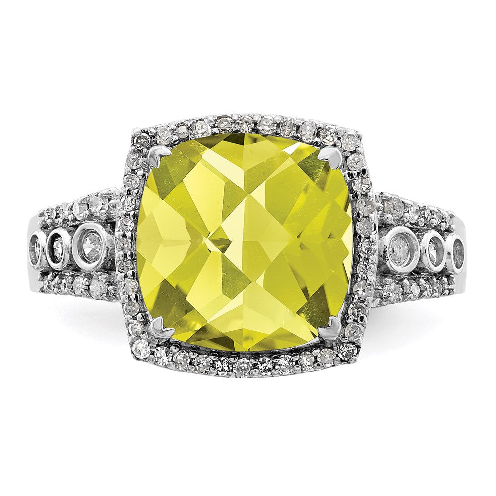Sterling Silver Rhodium Diamond & Checker Cut Lemon Quartz Ring (Size 7 Only)
