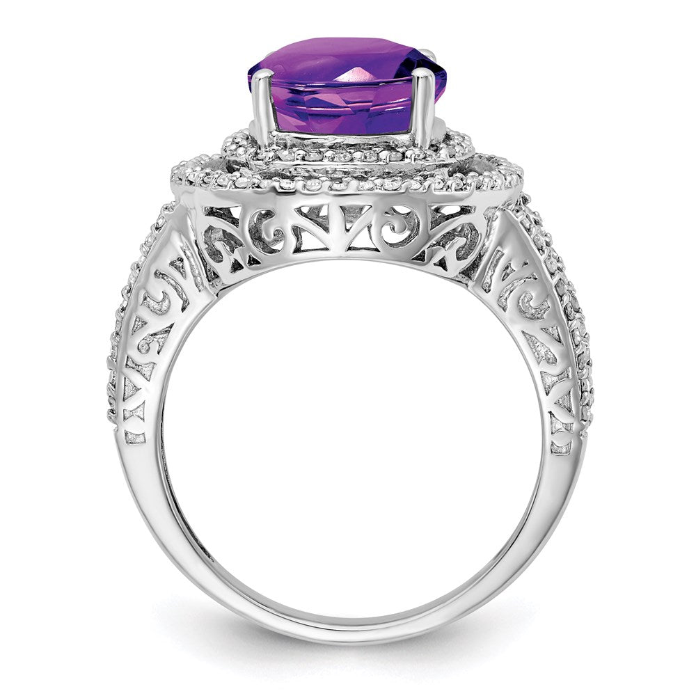 Sterling Silver Rhodium Plated Oval Amethyst & Diamond Ring (Size 7 Only)