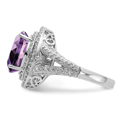Sterling Silver Rhodium Plated Oval Amethyst & Diamond Ring (Size 7 Only)