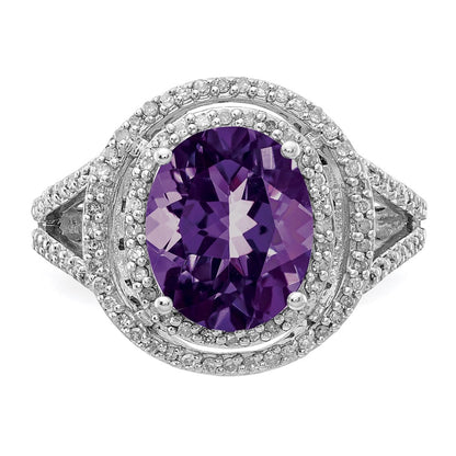 Sterling Silver Rhodium Plated Oval Amethyst & Diamond Ring (Size 7 Only)