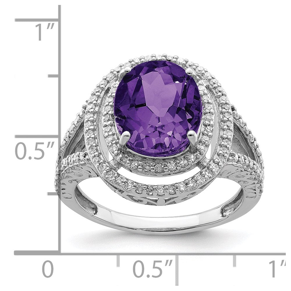 Sterling Silver Rhodium Plated Oval Amethyst & Diamond Ring (Size 7 Only)