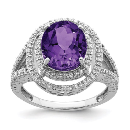 Sterling Silver Rhodium Plated Oval Amethyst & Diamond Ring (Size 7 Only)