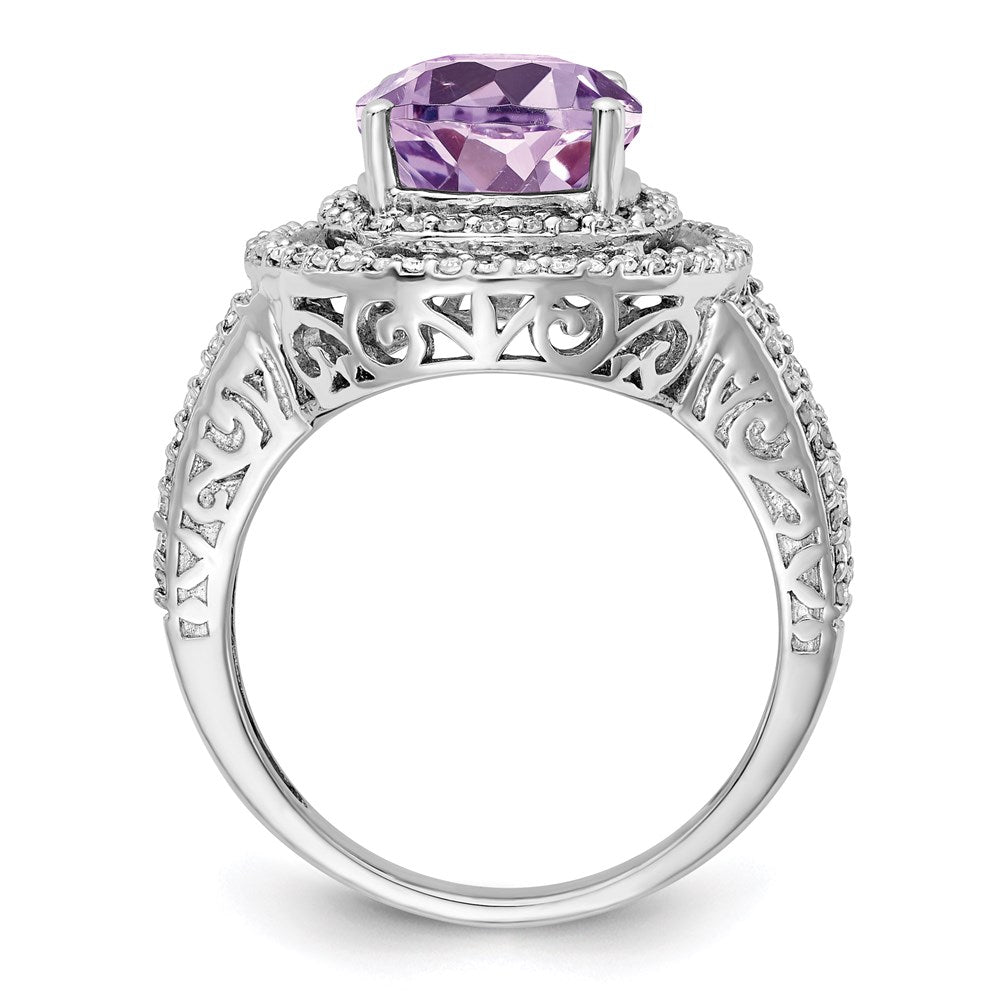 Sterling Silver Rhodium Oval Diamond & Pink Quartz Ring (Size 7 Only)