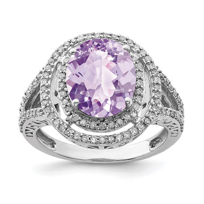 Sterling Silver Rhodium Oval Diamond & Pink Quartz Ring (Size 7 Only)