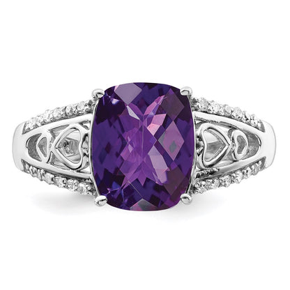Sterling Silver Rhodium Plated Amethyst & Diamond Ring (Size 7 Only)