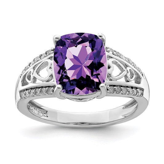Sterling Silver Rhodium Plated Amethyst & Diamond Ring (Size 7 Only)