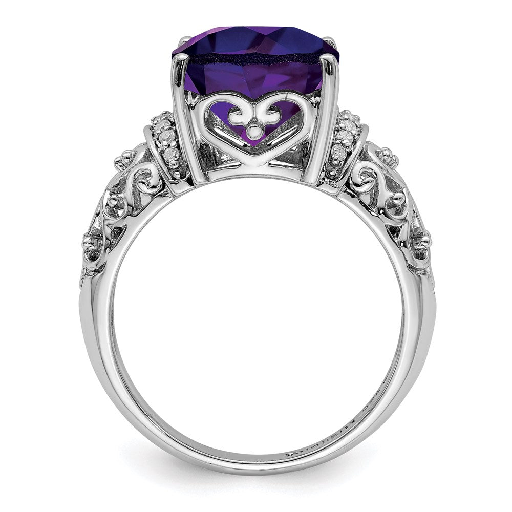 Sterling Silver Rhodium Plated Checker Cut Amethyst & Diamond Ring (Size 7 Only)