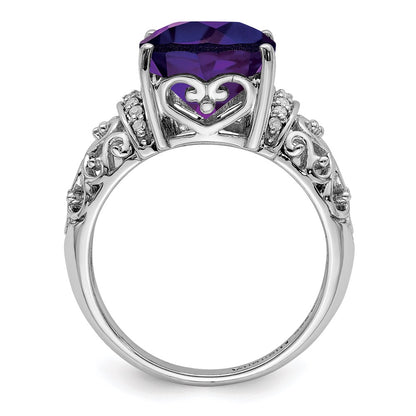 Sterling Silver Rhodium Plated Checker Cut Amethyst & Diamond Ring (Size 7 Only)
