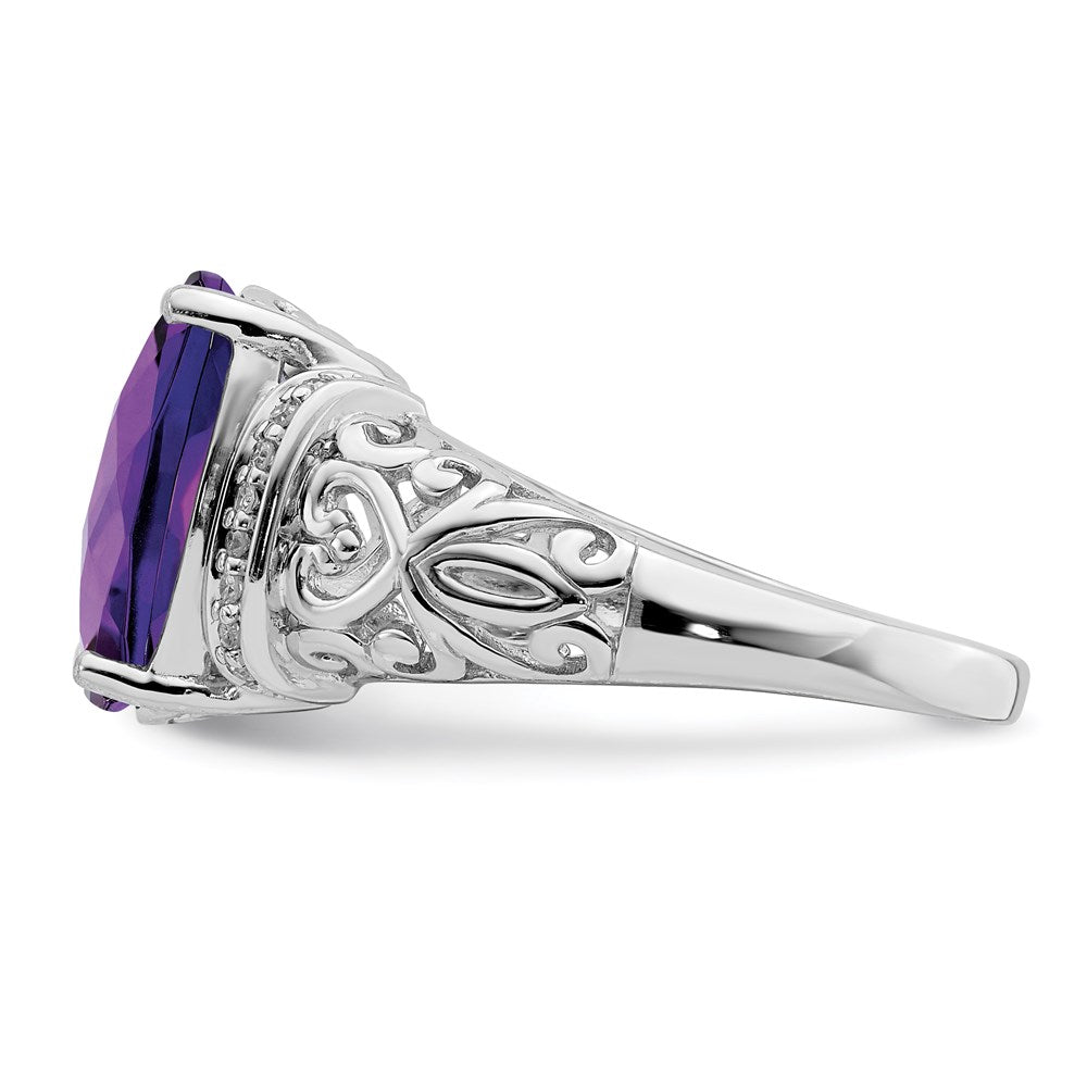 Sterling Silver Rhodium Plated Checker Cut Amethyst & Diamond Ring (Size 7 Only)