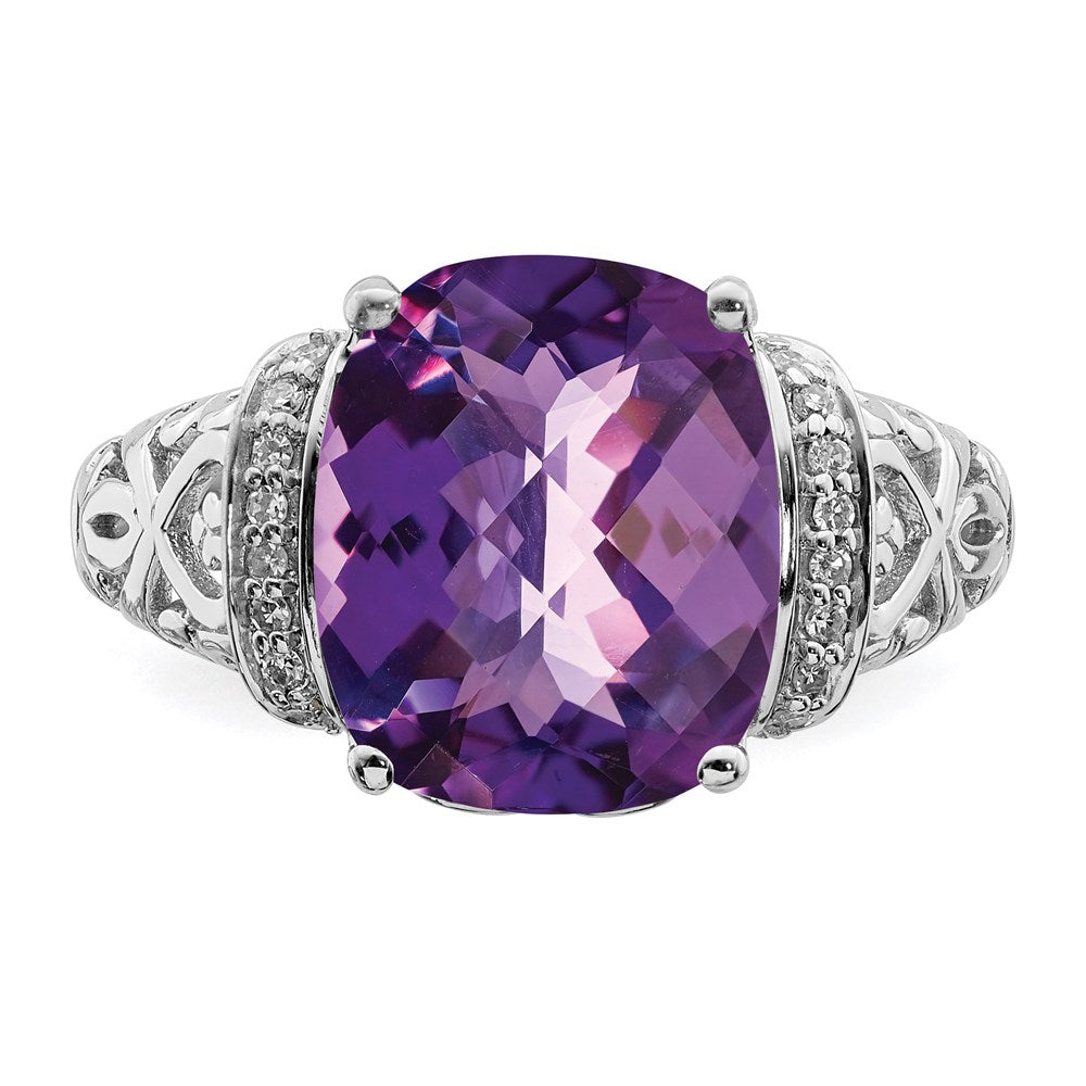 Sterling Silver Rhodium Plated Checker Cut Amethyst & Diamond Ring (Size 7 Only)