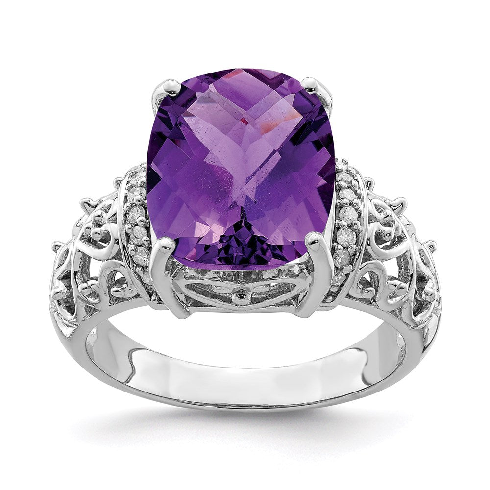 Sterling Silver Rhodium Plated Checker Cut Amethyst & Diamond Ring (Size 7 Only)