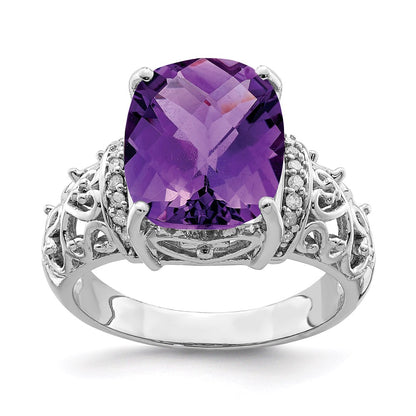 Sterling Silver Rhodium Plated Checker Cut Amethyst & Diamond Ring (Size 7 Only)