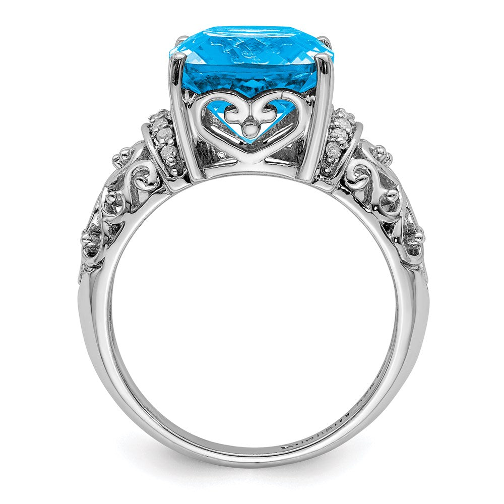Sterling Silver Rhodium Checker Cut Blue Topaz & Diamond Ring (Size 7 Only)