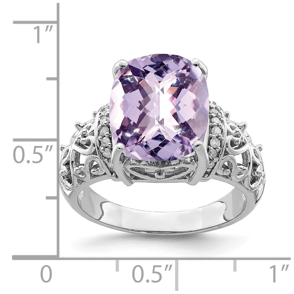 Sterling Silver Rhodium Diamond & Checker Cut Pink Quartz Ring (Size 7 Only)