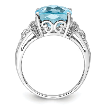 Sterling Silver Rhodium Diamond & Checker Cut Sky Blue Topaz Ring
