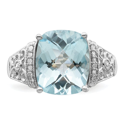 Sterling Silver Rhodium Diamond & Checker Cut Sky Blue Topaz Ring