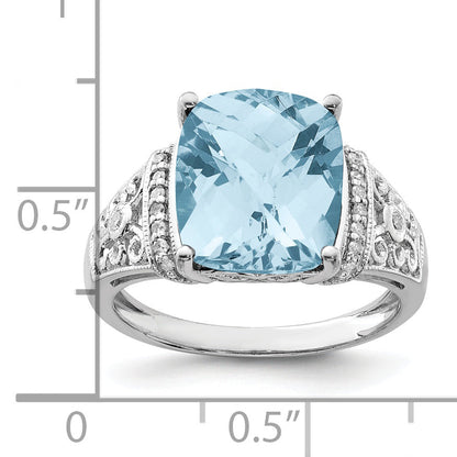 Sterling Silver Rhodium Diamond & Checker Cut Sky Blue Topaz Ring