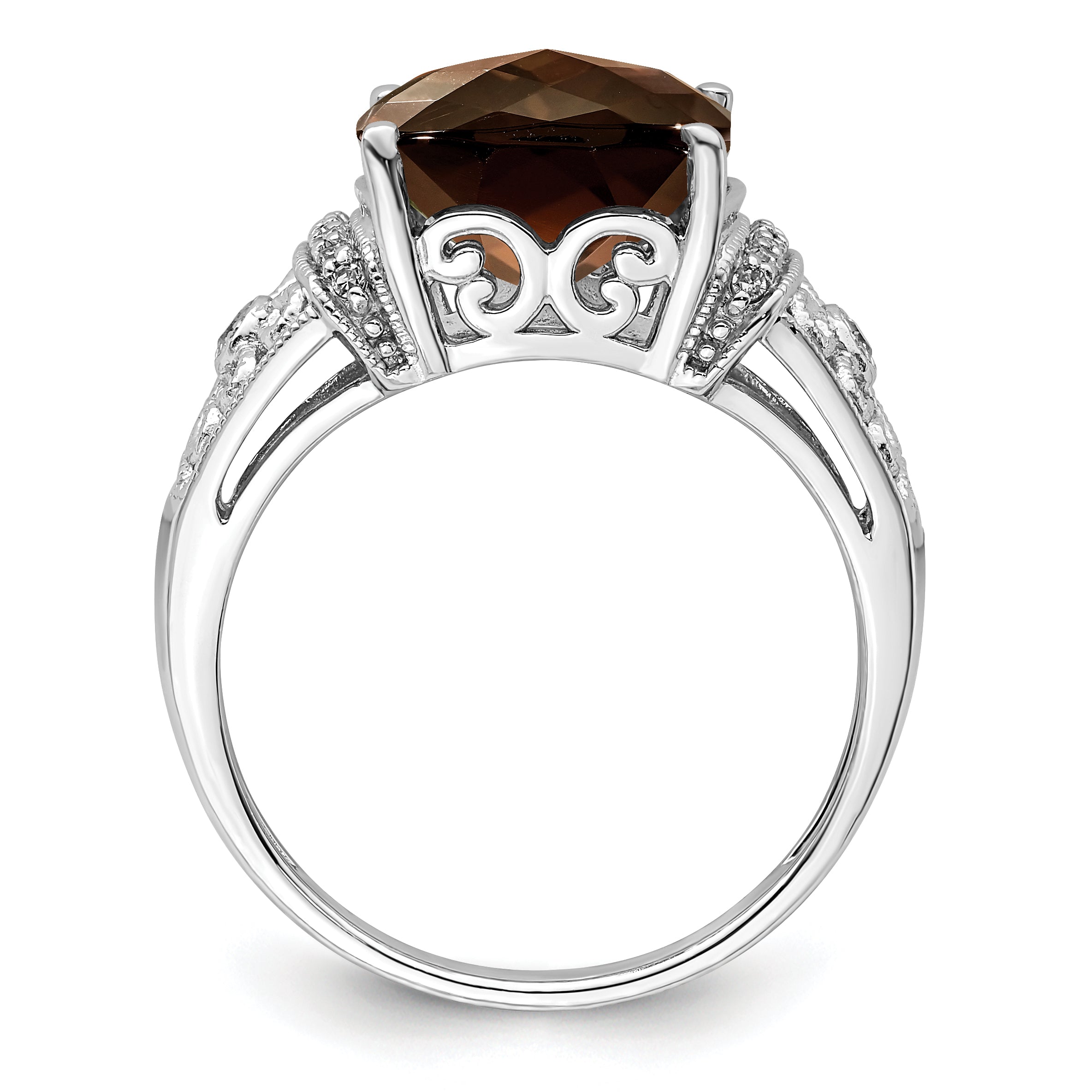 Sterling Silver Rhodium Diamond & Checker Cut Smoky Quartz Ring