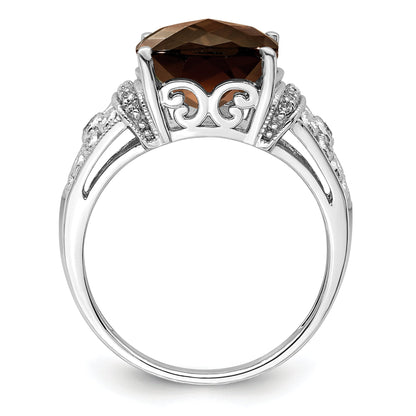 Sterling Silver Rhodium Diamond & Checker Cut Smoky Quartz Ring