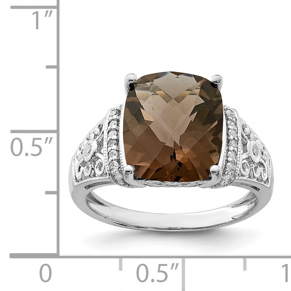 Sterling Silver Rhodium Diamond & Checker Cut Smoky Quartz Ring