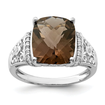 Sterling Silver Rhodium Diamond & Checker Cut Smoky Quartz Ring