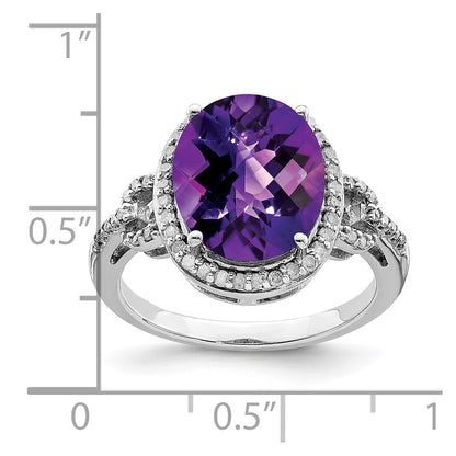 Sterling Silver Rhodium Oval Checker Cut Amethyst & Diamond Ring (Size 7 Only)