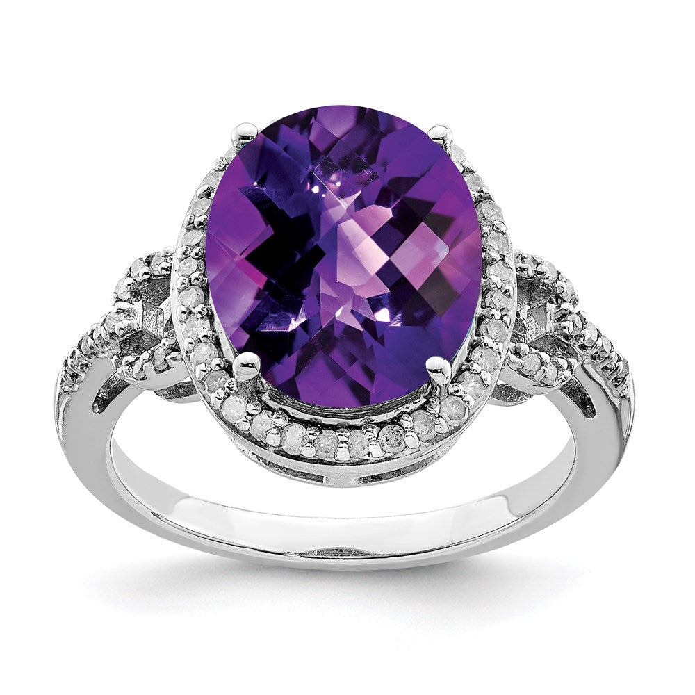 Sterling Silver Rhodium Oval Checker Cut Amethyst & Diamond Ring (Size 7 Only)
