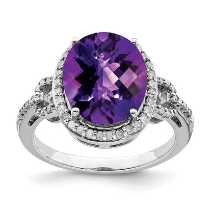 Sterling Silver Rhodium Oval Checker Cut Amethyst & Diamond Ring (Size 7 Only)