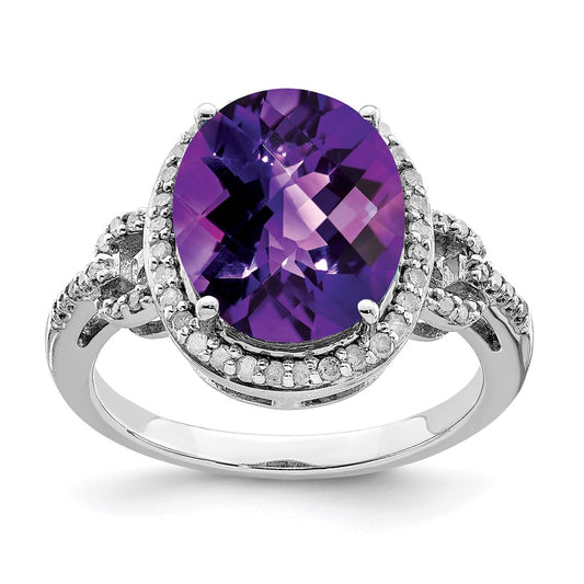 Sterling Silver Rhodium Oval Checker Cut Amethyst & Diamond Ring (Size 7 Only)