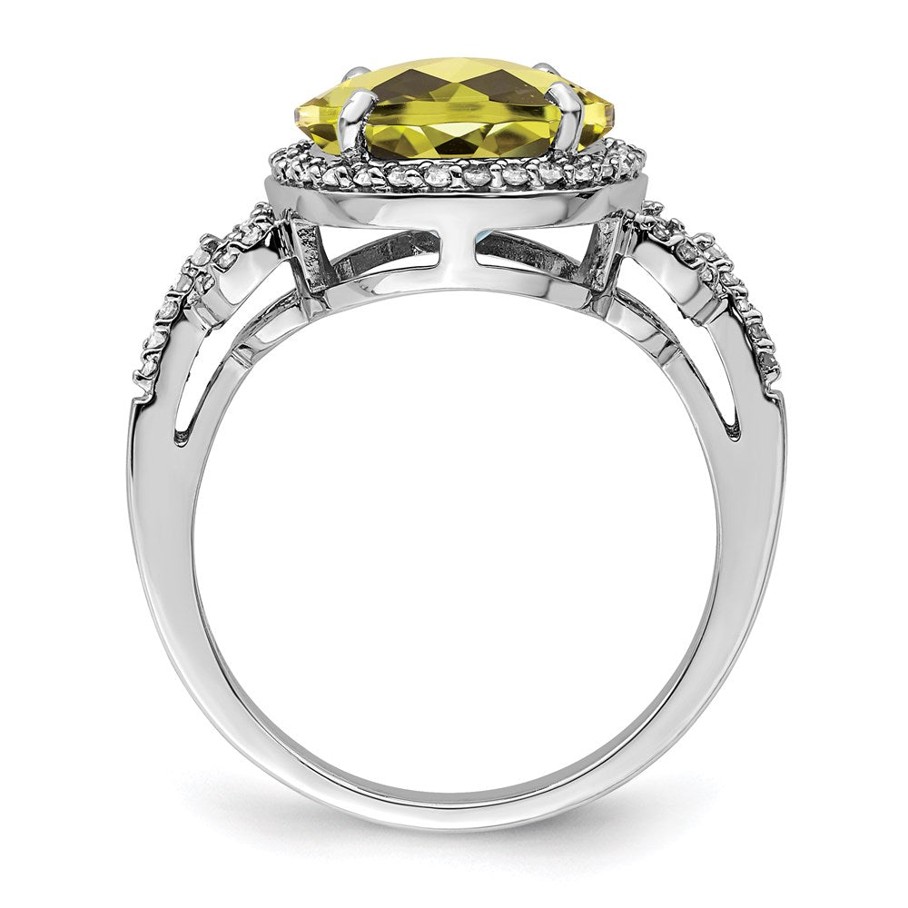Sterling Silver Rhodium Oval Diamond & Checker Cut Lemon Quartz Ring (Size 7 Only)