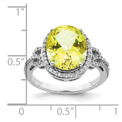 Sterling Silver Rhodium Oval Diamond & Checker Cut Lemon Quartz Ring (Size 7 Only)