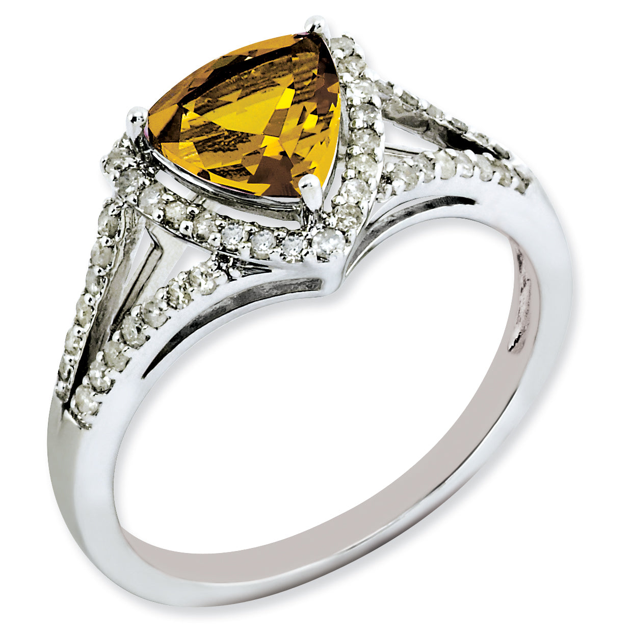 Sterling Silver Rhodium Plated Diamond & Whiskey Quartz Ring