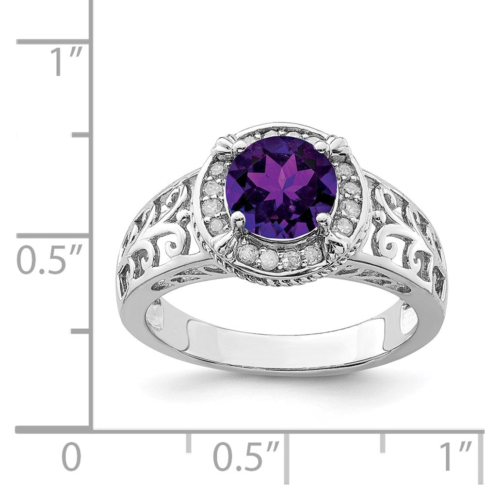Sterling Silver Rhodium Plated Amethyst & Diamond Ring (Size 7 Only)
