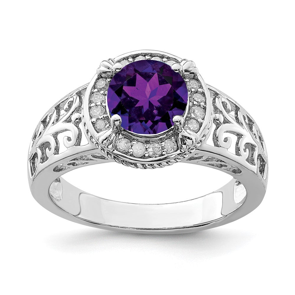 Sterling Silver Rhodium Plated Amethyst & Diamond Ring (Size 7 Only)