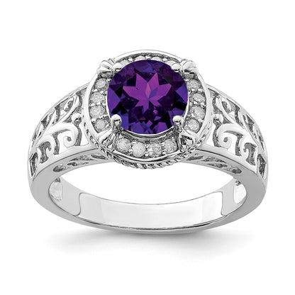 Sterling Silver Rhodium Plated Amethyst & Diamond Ring (Size 7 Only)