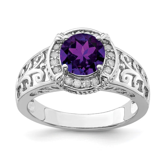 Sterling Silver Rhodium Plated Amethyst & Diamond Ring (Size 7 Only)