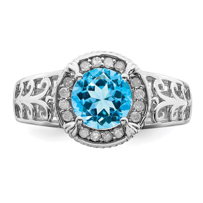 Sterling Silver Rhodium Blue Topaz & Diamond Ring (Size 7 Only)