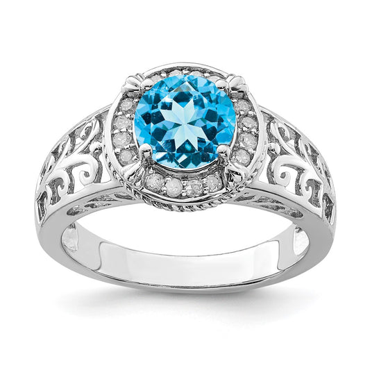 Sterling Silver Rhodium Blue Topaz & Diamond Ring (Size 7 Only)