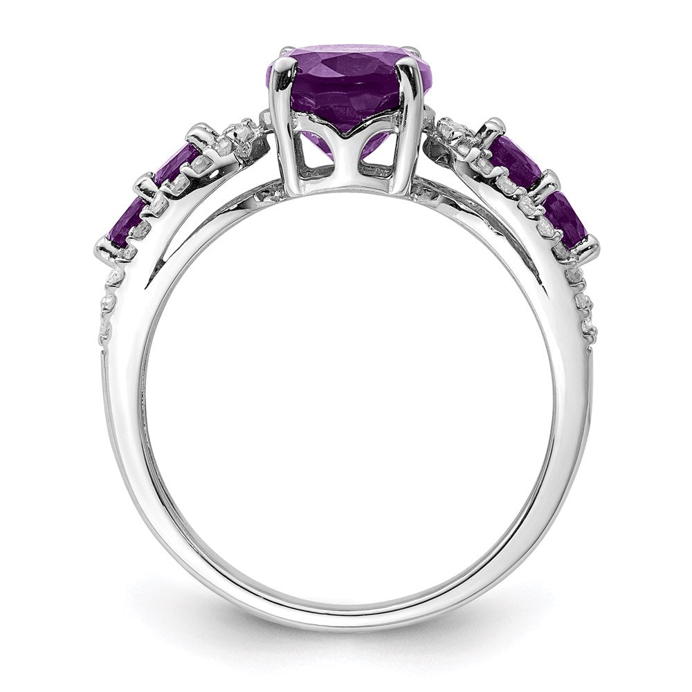 Sterling Silver Rhodium Plated Amethyst & Oval Diamond Ring (Size 7 Only)