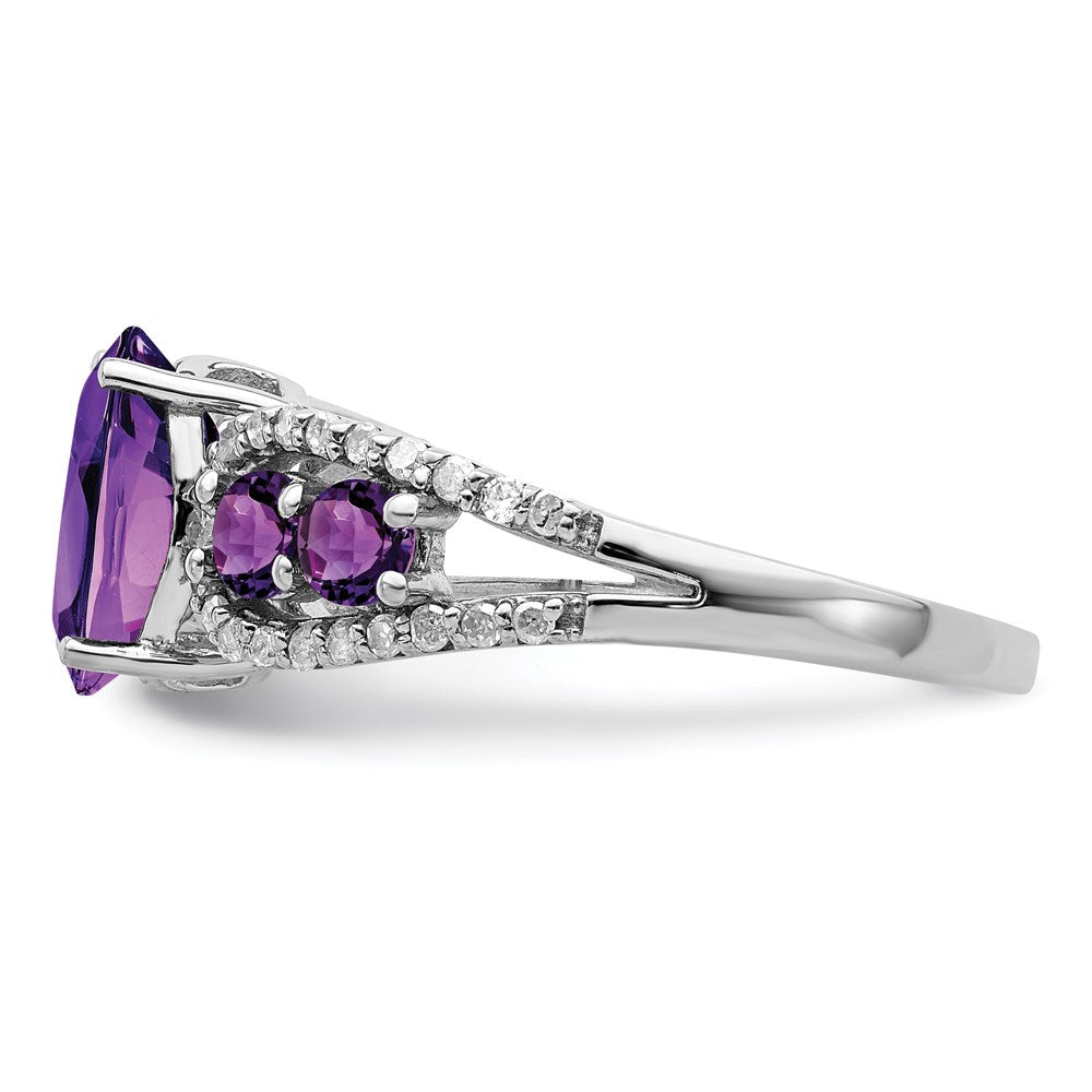 Sterling Silver Rhodium Plated Amethyst & Oval Diamond Ring (Size 7 Only)