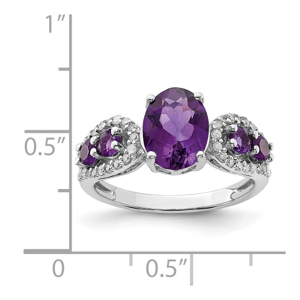 Sterling Silver Rhodium Plated Amethyst & Oval Diamond Ring (Size 7 Only)