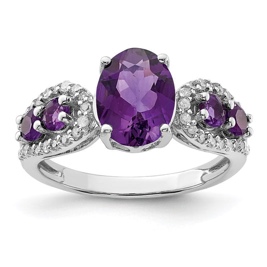 Sterling Silver Rhodium Plated Amethyst & Oval Diamond Ring (Size 7 Only)