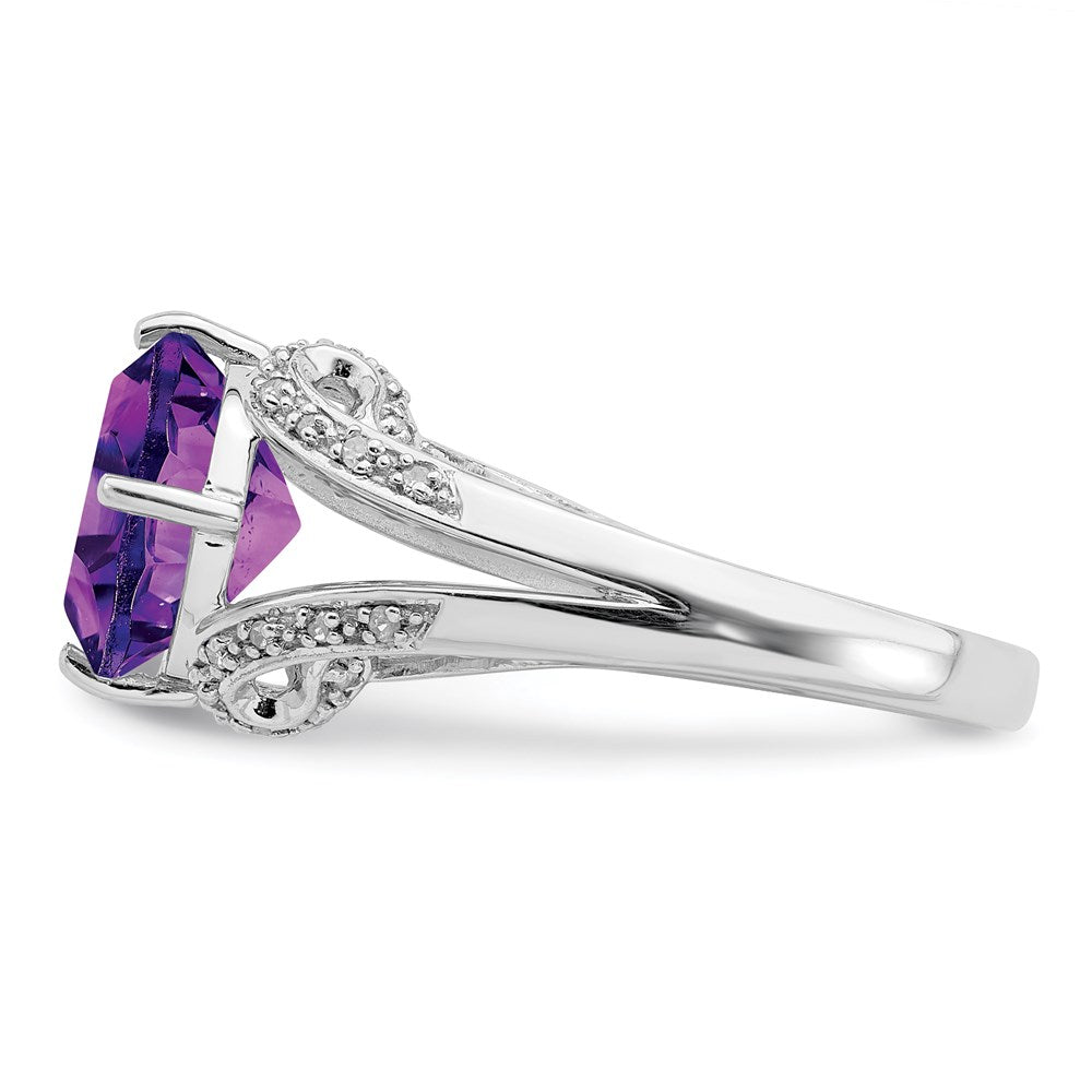 Sterling Silver Rhodium Plated Oval Amethyst & Diamond Ring (Size 7 Only)