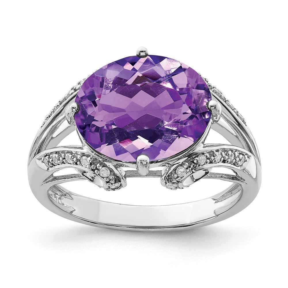 Sterling Silver Rhodium Plated Oval Amethyst & Diamond Ring (Size 7 Only)