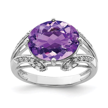 Sterling Silver Rhodium Plated Oval Amethyst & Diamond Ring (Size 7 Only)