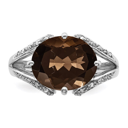 Sterling Silver Rhodium Oval Diamond & Smoky Quartz Ring (Size 7 Only)