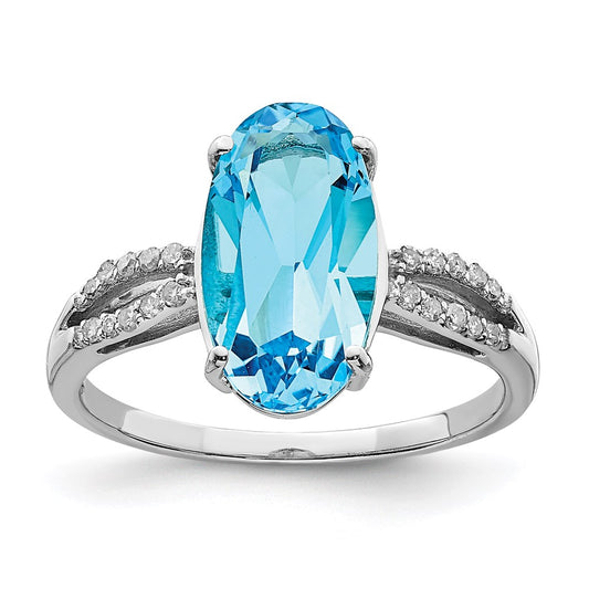 Sterling Silver Rhodium Oval Blue Topaz & Diamond Ring (Size 7 Only)