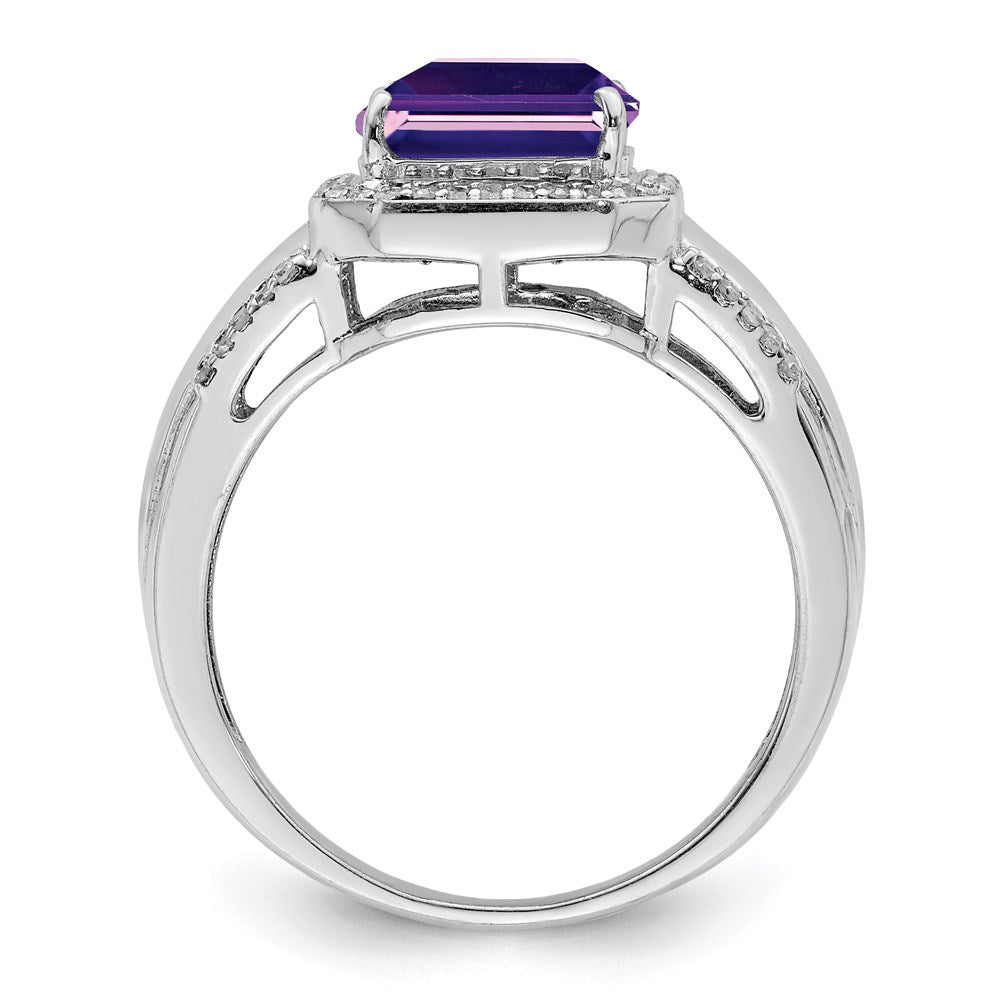 Sterling Silver Rhodium Plated Square Amethyst & Diamond Ring (Size 7 Only)