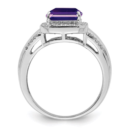 Sterling Silver Rhodium Plated Square Amethyst & Diamond Ring (Size 7 Only)