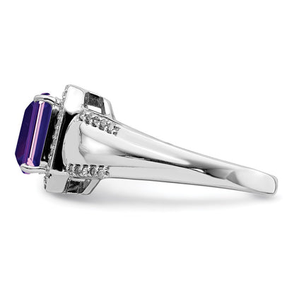 Sterling Silver Rhodium Plated Square Amethyst & Diamond Ring (Size 7 Only)